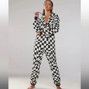 Savage X Fenty Black Caviar Fast Lane 1 Piece Jumpsuit Hooded Checkered Strech L